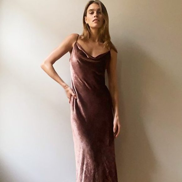 Aritzia Wilfred Silk Spritz Midi Slip Dress Draped Cowl Neck Velvet Sleeveless L - Picture 1 of 2